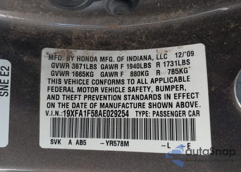 2010 Honda Civic Lx z USA, uszkodzony, nr VIN 19XFA1F58AE029254